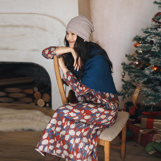 绽放808朵/加厚亚麻印花系带长袖连衣裙宽松裙子秋冬内搭长裙新款 商品图0