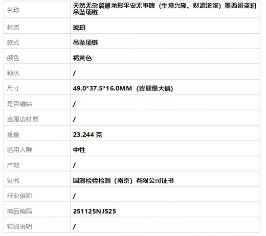 【天然正品】天然无杂裂雕龙形平安无事牌（生意兴隆、财源滚滚）墨西哥蓝珀吊坠项链49.0*37.5*16.0MM（皆取最大值）中性 251125NJS25特价：1280 商品图9