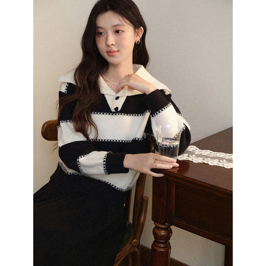 鹿向南「晚冬回信」黑白条纹翻领针织衫毛衣女秋宽松慵懒显瘦上衣 商品图3