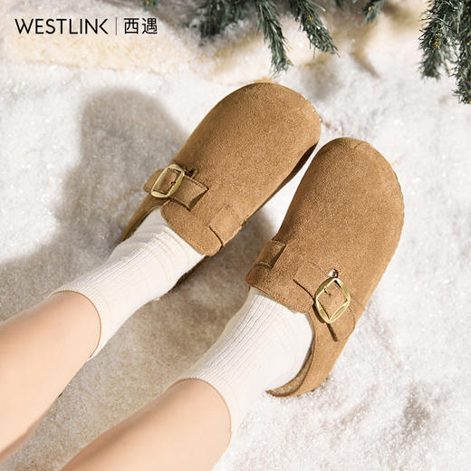 西遇厚底加绒勃肯鞋女冬季新款一脚蹬包头半拖鞋外穿毛毛棉拖K0057318 商品图1