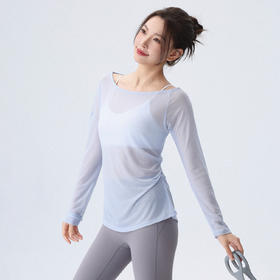 跃牌【周游世界系列】新款瑜伽服女纯欲风透气网纱长袖T恤轻薄斜肩运动罩衫TP0919