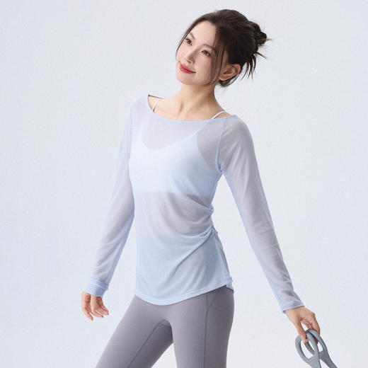 跃牌【周游世界系列】新款瑜伽服女纯欲风透气网纱长袖T恤轻薄斜肩运动罩衫TP0919 商品图0