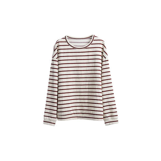绽放816朵/羊毛汉麻棉色纺纱圆领落肩条纹长袖T恤女冬打底衫内搭 商品图4