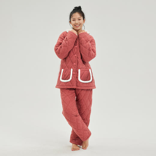 爱帝加厚款睡衣女士三层夹棉家居服冬季加绒保暖宽松睡衣套可外穿 商品图8