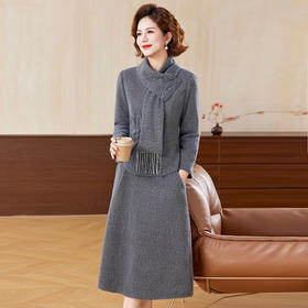 XK 92538小香风妈妈装仿水貂绒连衣裙两件套阔太太裙