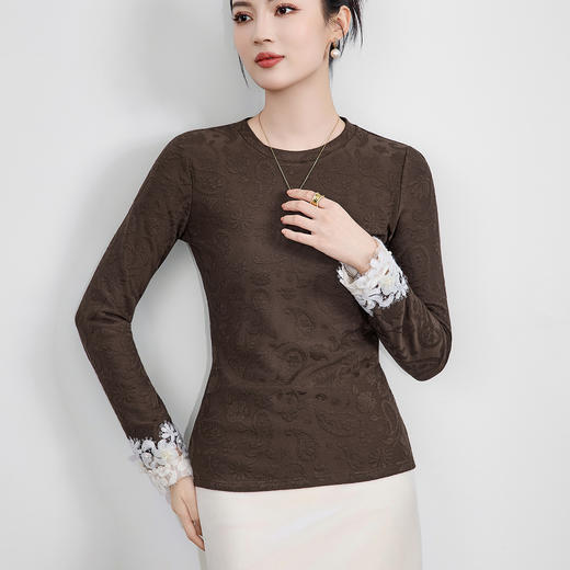 「高货wl」全新升级【铂金会员220/天猫289/差价69】(95019)洛诗琳蕾丝拼接打底上衣2025秋冬新款气质暗纹提花打底衫 商品图1