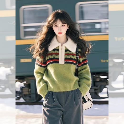 西遇慵懒风条纹撞色毛衣女2026年春季新款设计感软糯polo领上衣SS051917/K0060082 商品图4