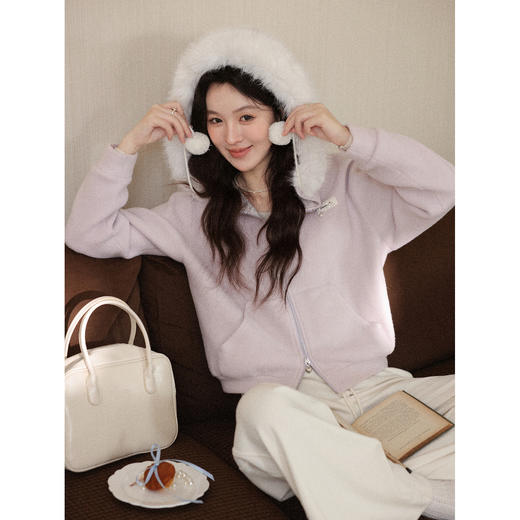 鹿向南「紫雾缱绒」浅紫色连帽卫衣外套女秋冬新款小个子开衫上衣 商品图1