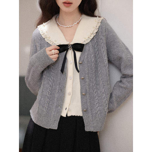 鹿向南「雾屿白铃」灰色假两件长袖毛衣秋冬季时尚开衫针织上衣女 商品图3