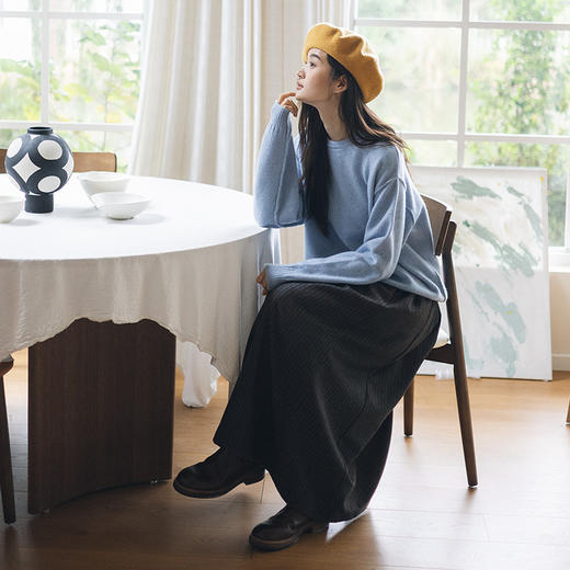 绽放817朵/羊毛混纺条纹A字双层全腰松紧文艺半身裙女中长款裙子 商品图2