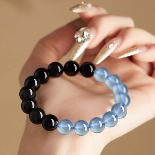 墨浪浮光·天然黑曜石冰种海蓝宝水晶手串 商品图4