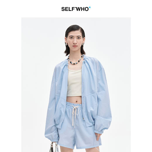 SELFWHO高支棉混纺荷叶边抽绳拉链外套女2026春季新款轻户外上衣 商品图0