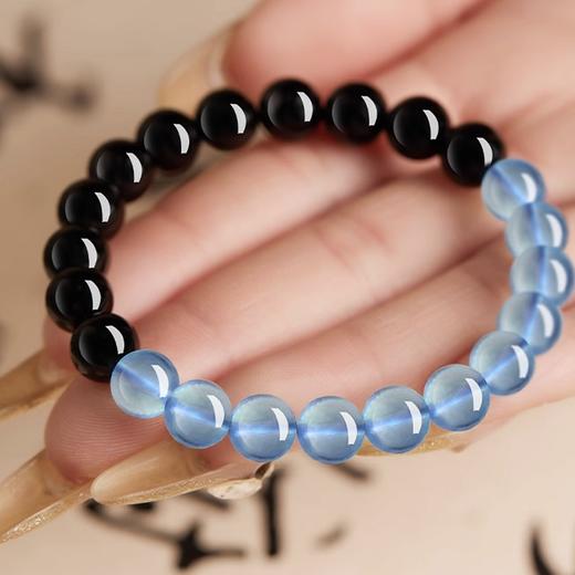 墨浪浮光·天然黑曜石冰种海蓝宝水晶手串 商品图3