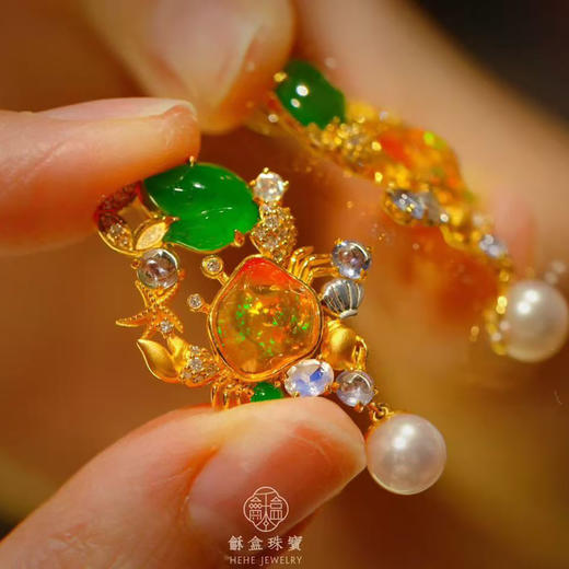 龢盒原创 18k金镶金钱蟹欧珀翡翠吊坠 商品图3