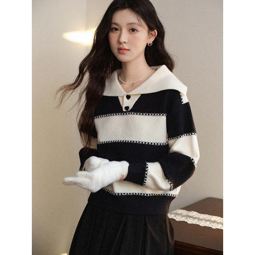 鹿向南「晚冬回信」黑白条纹翻领针织衫毛衣女秋宽松慵懒显瘦上衣 商品图2