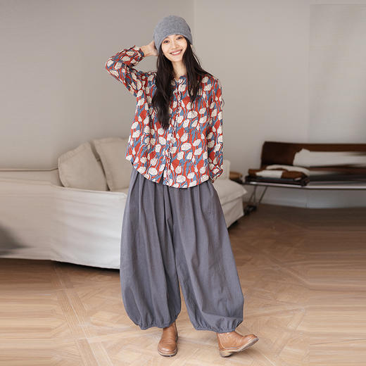 绽放819朵/加厚亚麻数码印花立领花边门襟长袖衬衫女冬季内搭小衫 商品图2