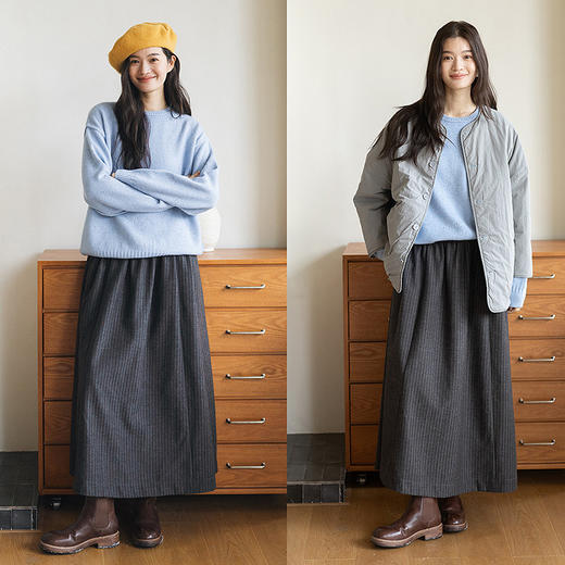 绽放817朵/羊毛混纺条纹A字双层全腰松紧文艺半身裙女中长款裙子 商品图3