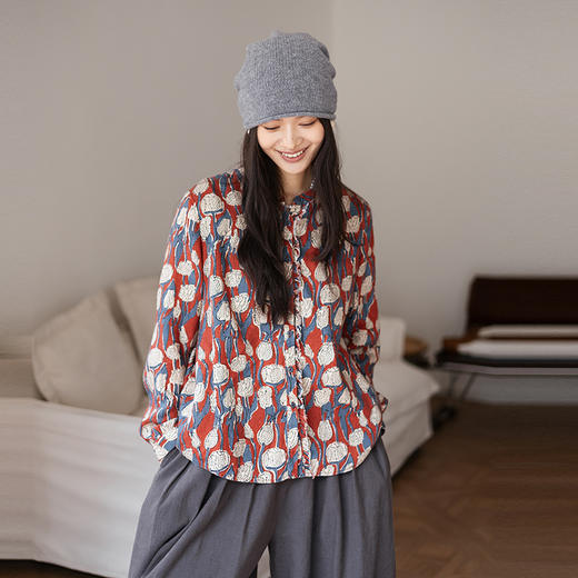 绽放819朵/加厚亚麻数码印花立领花边门襟长袖衬衫女冬季内搭小衫 商品图1