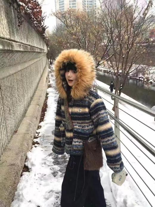D120413新款2025复古撞色可拆卸毛领羊羔毛棉服外套 商品图7