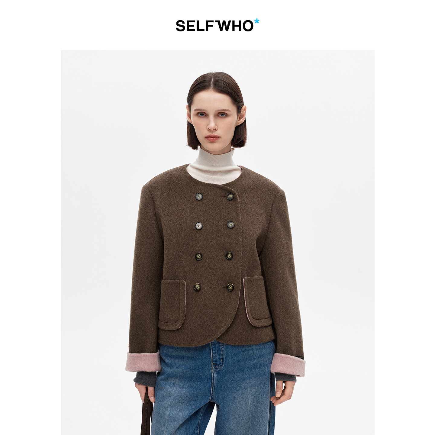 SELFWHO纯绵羊毛短款双面呢外套女2025冬新款垫肩双排扣毛呢外套