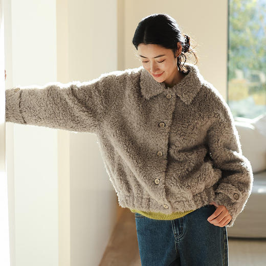 绽放875朵/纯羊毛宽松翻领羊羔毛外套一手长松弛感毛呢外套中长款 商品图1