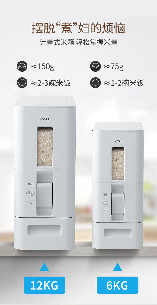 72小时内发货【自动计量米桶】ASVEL阿司倍鹭品牌，计量防潮加厚，防霾防虫防蛀，自动出米桶  别看桶小小的不大，大号的可以放24斤米，一般一袋米20斤，妥妥的方便，斜坡设计让米一粒不剩的到碗里来 商品图5