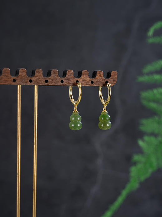 子佩集【福禄双收】银S925耳环【EJ00727】镀金葫芦和田碧玉圆圈扣环古法银2511 商品图3