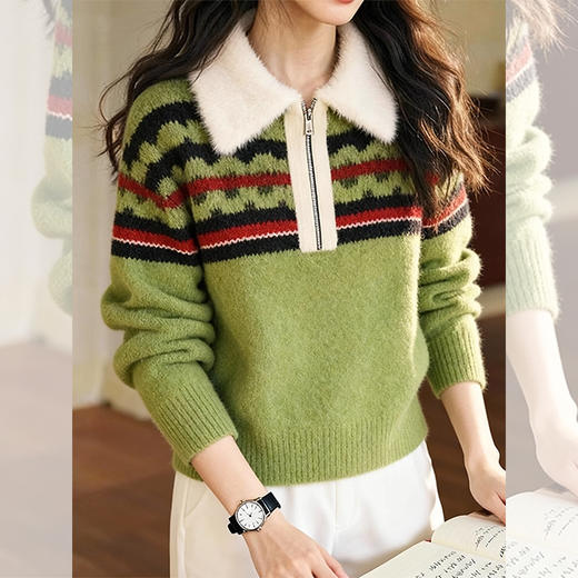 西遇慵懒风条纹撞色毛衣女2026年春季新款设计感软糯polo领上衣SS051917/K0060082 商品图3