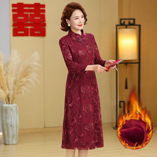 XK 19363妈妈装蕾丝加绒旗袍连衣裙保暖立领刺绣气质裙 商品图1