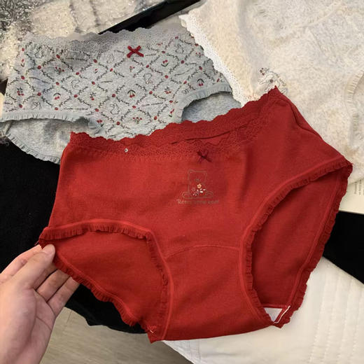 【云感贴身❗️韩系甜美内裤】磨毛质感，手感软糯亲肤棉，腰头拼接蕾丝，加长档吸湿透气，10A透气加长底裆可爱印花中腰包臀全棉内裤QQ 商品图9