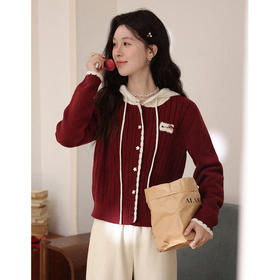 鹿向南「红韵映暖」红色假两件连帽长袖毛衣女秋冬设计感针织开衫