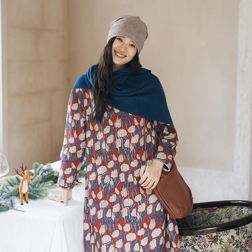 绽放808朵/加厚亚麻印花系带长袖连衣裙宽松裙子秋冬内搭长裙新款 商品图1