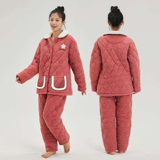 爱帝加厚款睡衣女士三层夹棉家居服冬季加绒保暖宽松睡衣套可外穿 商品图4