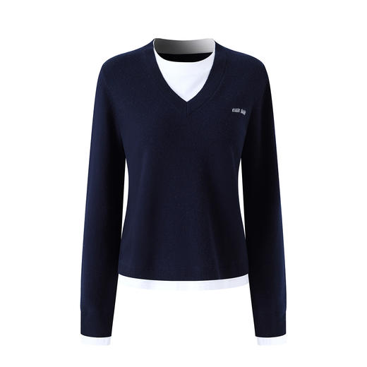 「高货wl」全新升级【铂金会员293/天猫399/差价106】(11222)洛诗琳假两件撞色羊毛衫2025秋冬气质字母刺绣针织上衣女 商品图4