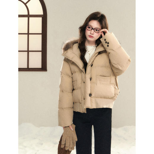 鹿向南「梧桐叶落」90白鸭绒卡其色羽绒服女冬装加厚毛领面包外套 商品图2