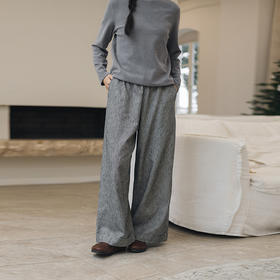 绽放804朵/百搭麻棉色织条纹全腰松紧休闲裤女文艺复古直筒阔腿裤