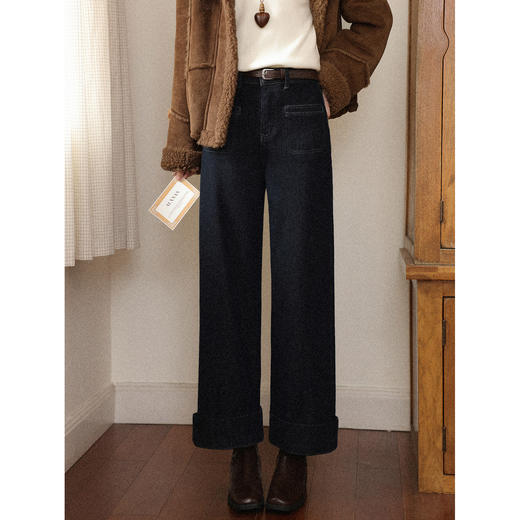 鹿向南「雪绒希克」蓝色牛仔裤女秋冬季宽松阔腿长裤子通勤直筒裤 商品图2