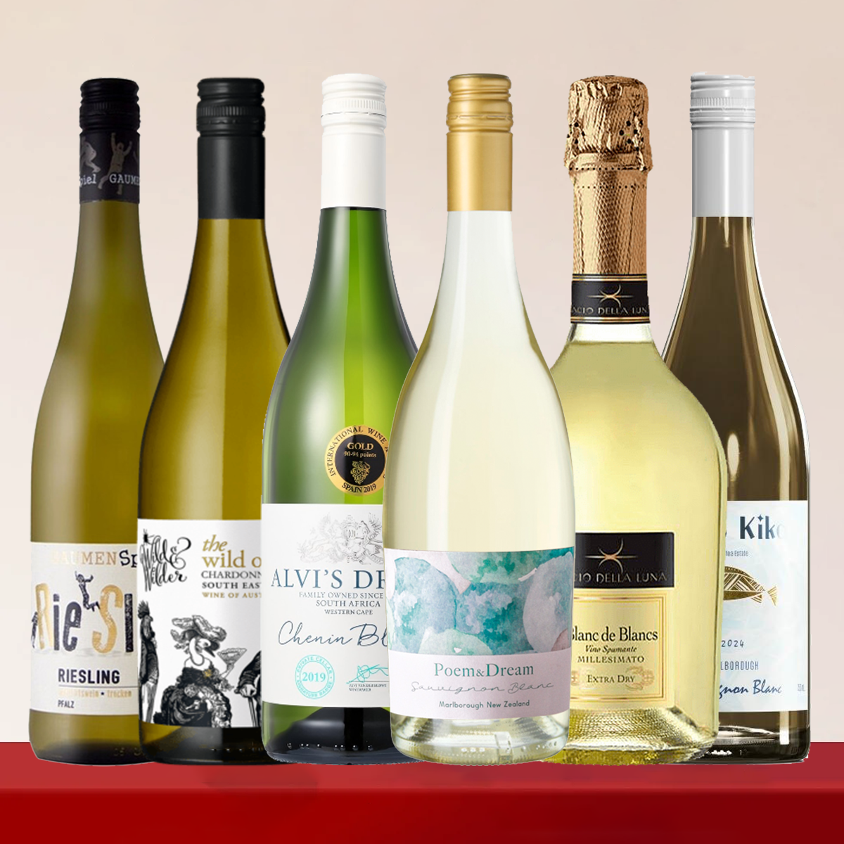 【清爽果香干白6支装】诗与远方长相思 / 野生霞多丽 / 玩家雷司令 / 月亮之吻起泡酒 / 南非艾尔白诗南 / 奇光长相思