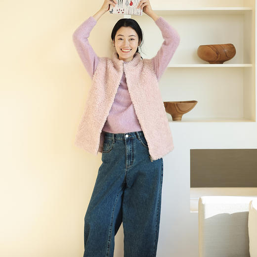 绽放877朵/羊羔毛绒感圆领开襟拉链叠搭马甲外穿女宽松纯羊毛保暖 商品图2