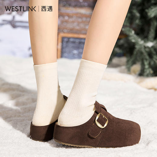 西遇厚底加绒勃肯鞋女冬季新款一脚蹬包头半拖鞋外穿毛毛棉拖K0057318 商品图2