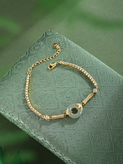 子佩集【竹福绵长】银S925手链【SL11955】竹节平安扣镀金竹叶晴水青玉古法银2511 商品图1