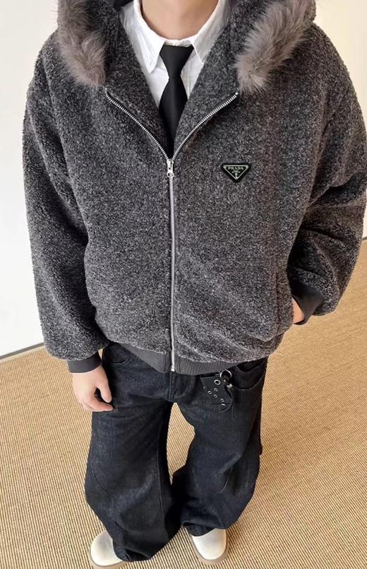 D120414冬季2025仿羊绒毛领高级灰连帽棉服外套男女同款 商品图3