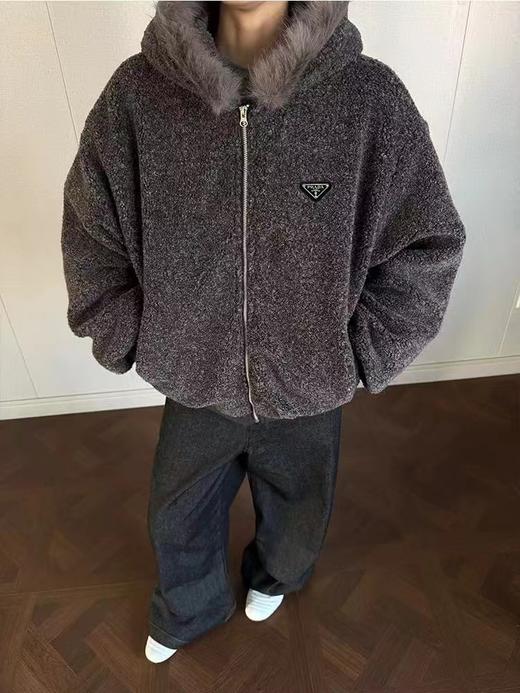 D120414冬季2025仿羊绒毛领高级灰连帽棉服外套男女同款 商品图1