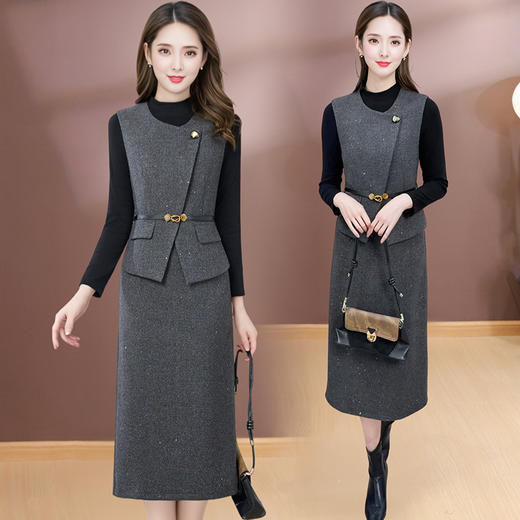 QYM 25B27圆领韩版修身两件套连衣裙后开叉裙 商品图1