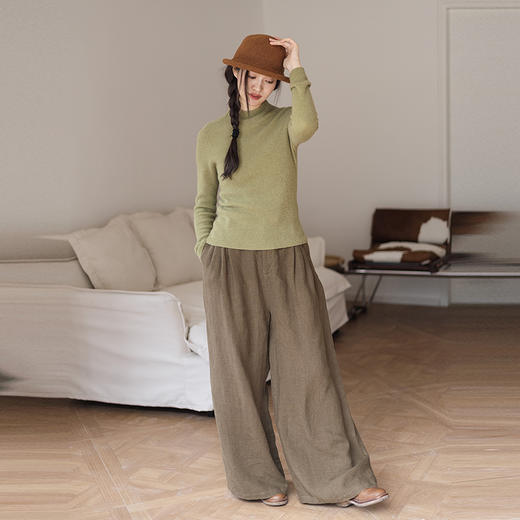 绽放666朵/加厚亚麻半腰松紧宽松阔腿裤女显瘦松弛感休闲裤冬新款 商品图3