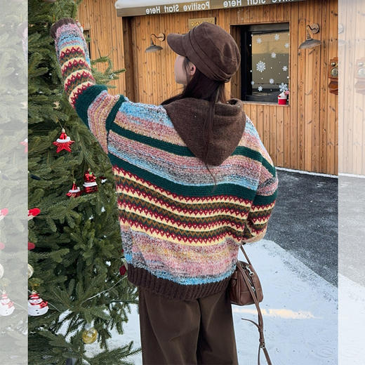 西遇费尔岛毛衣外套女冬季新款撞色连帽毛针织开衫SS051920 商品图4