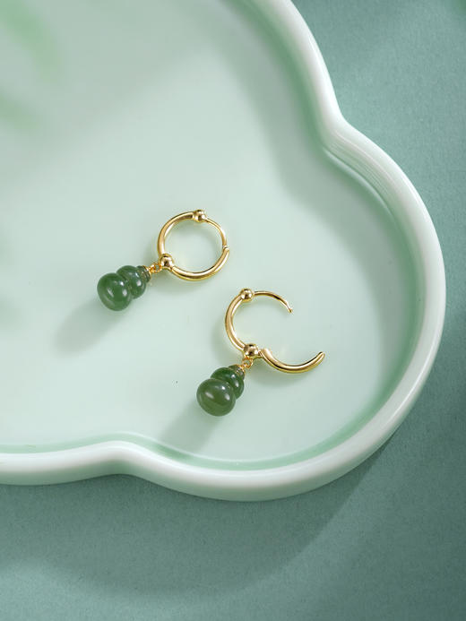 子佩集【福禄双收】银S925耳环【EJ00727】镀金葫芦和田碧玉圆圈扣环古法银2511 商品图5