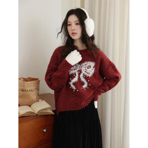 鹿向南「圣诞前奏」红色圣诞蝴蝶结毛衣女秋冬慵懒风长袖圆领上衣 商品图3