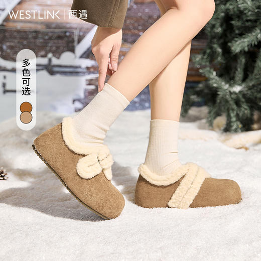 西遇加绒包头勃肯鞋女冬季新款魔术贴厚底棉鞋保暖毛毛鞋子V2457336 商品图0