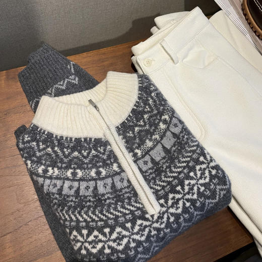 第一名推荐！吃土都要收！2025费尔岛复古双色提花半拉链加厚毛衣女款！ 商品图1